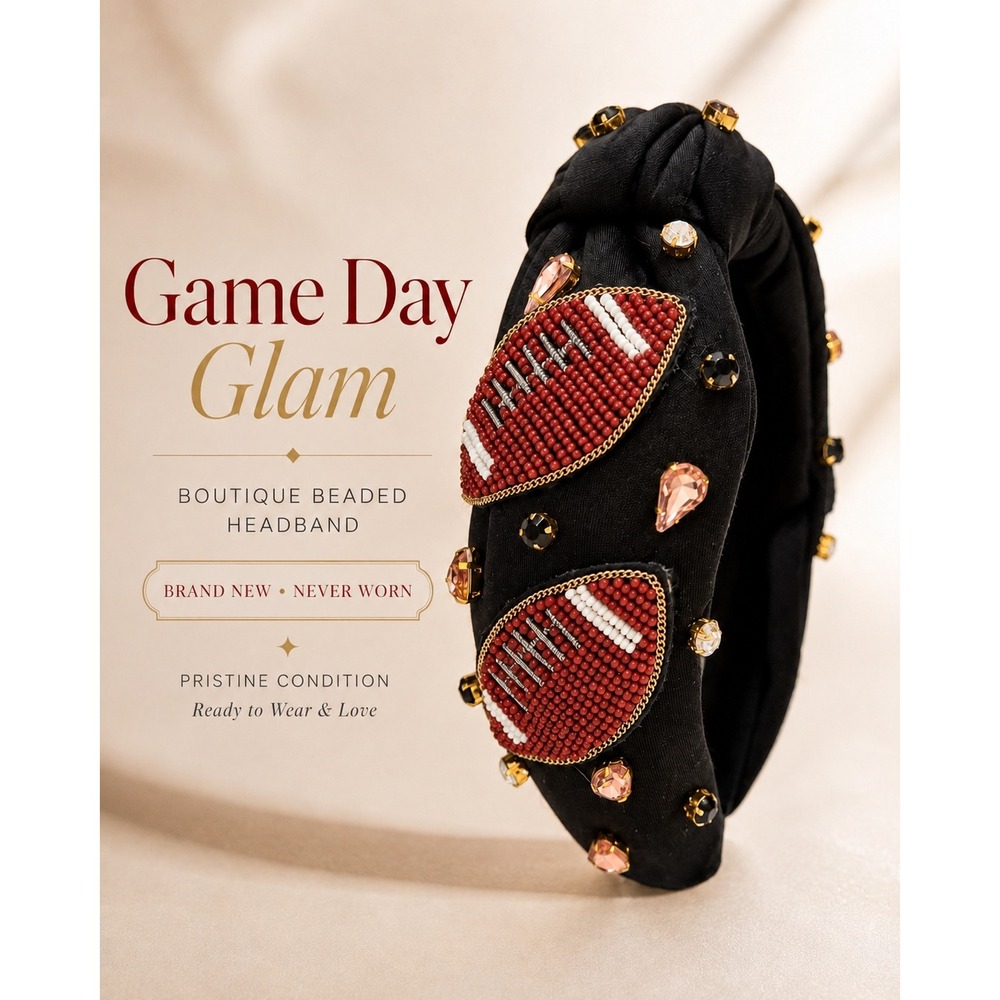 Beaded Football Rhinestone Knotted Headband Black Game Day Statement